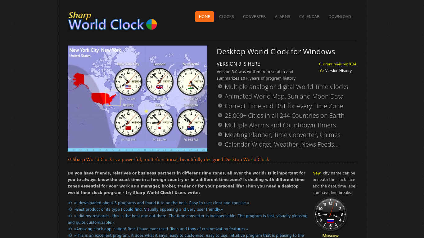 Sharp World Clock Landing page