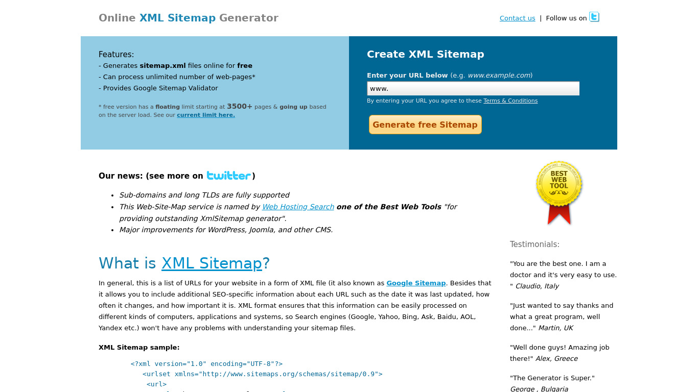 Web-Site-Map.com - XML Sitemap Generator Landing page