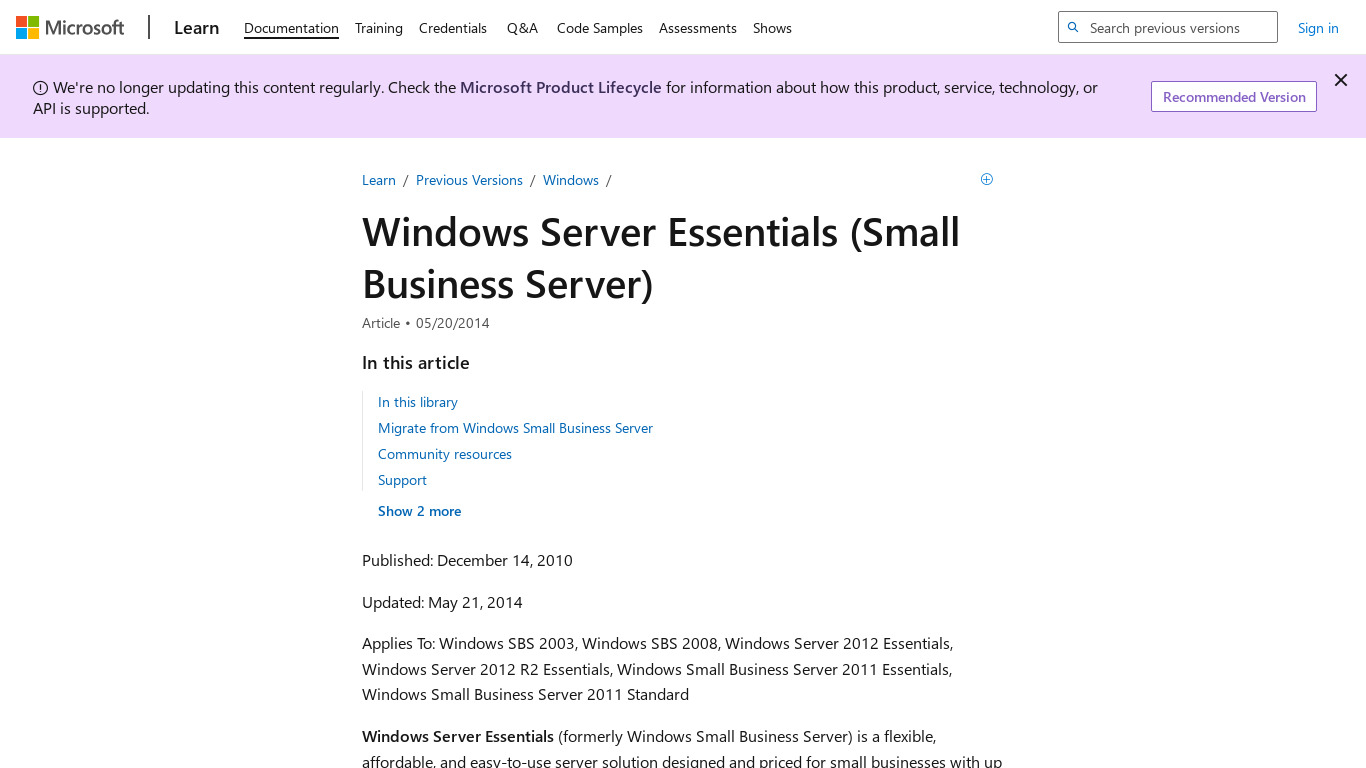 Windows Server Essentials Landing page