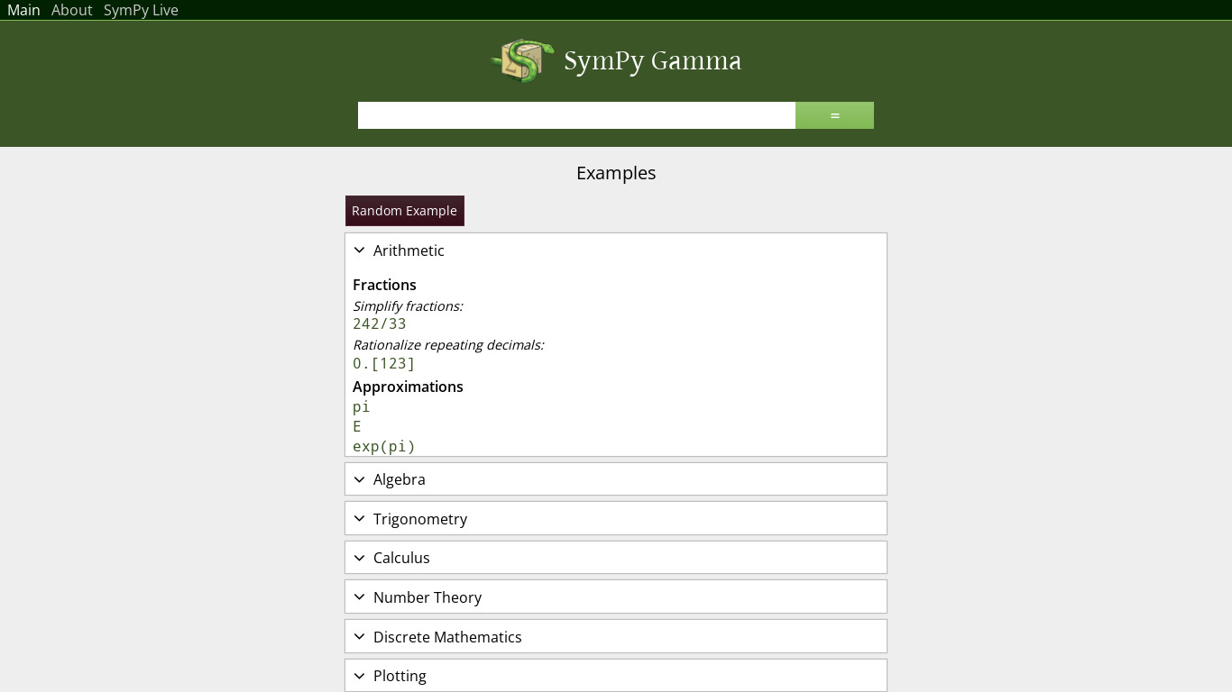 SymPy Gamma Landing page