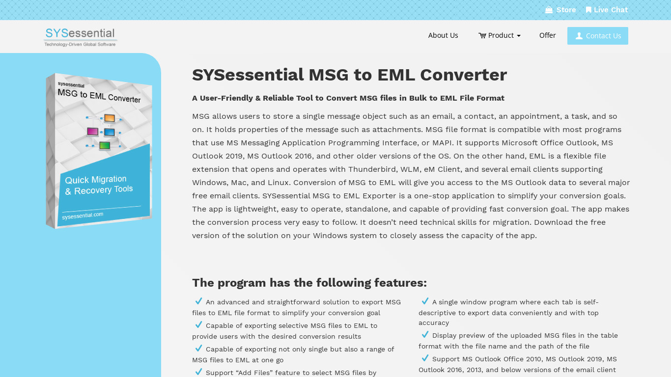 SYSessential MSG to EML Converter Landing page