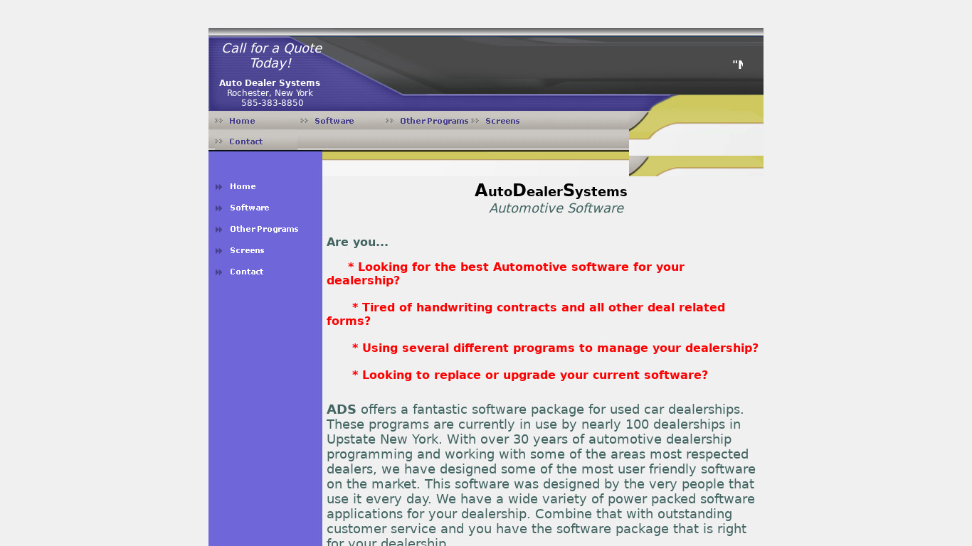 Auto Dealer Systems Landing page