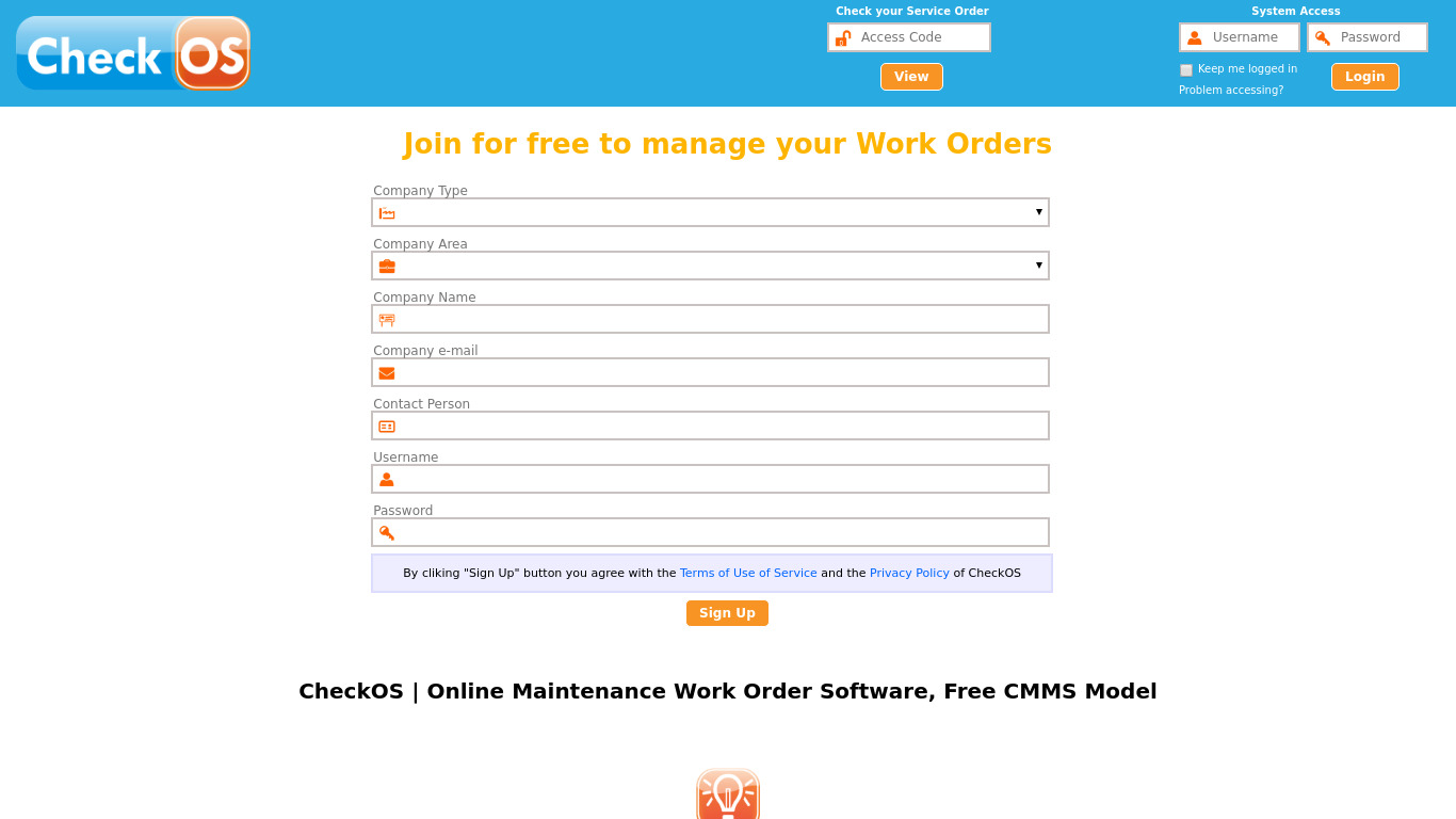 CheckOS Free Work Order Software Landing page
