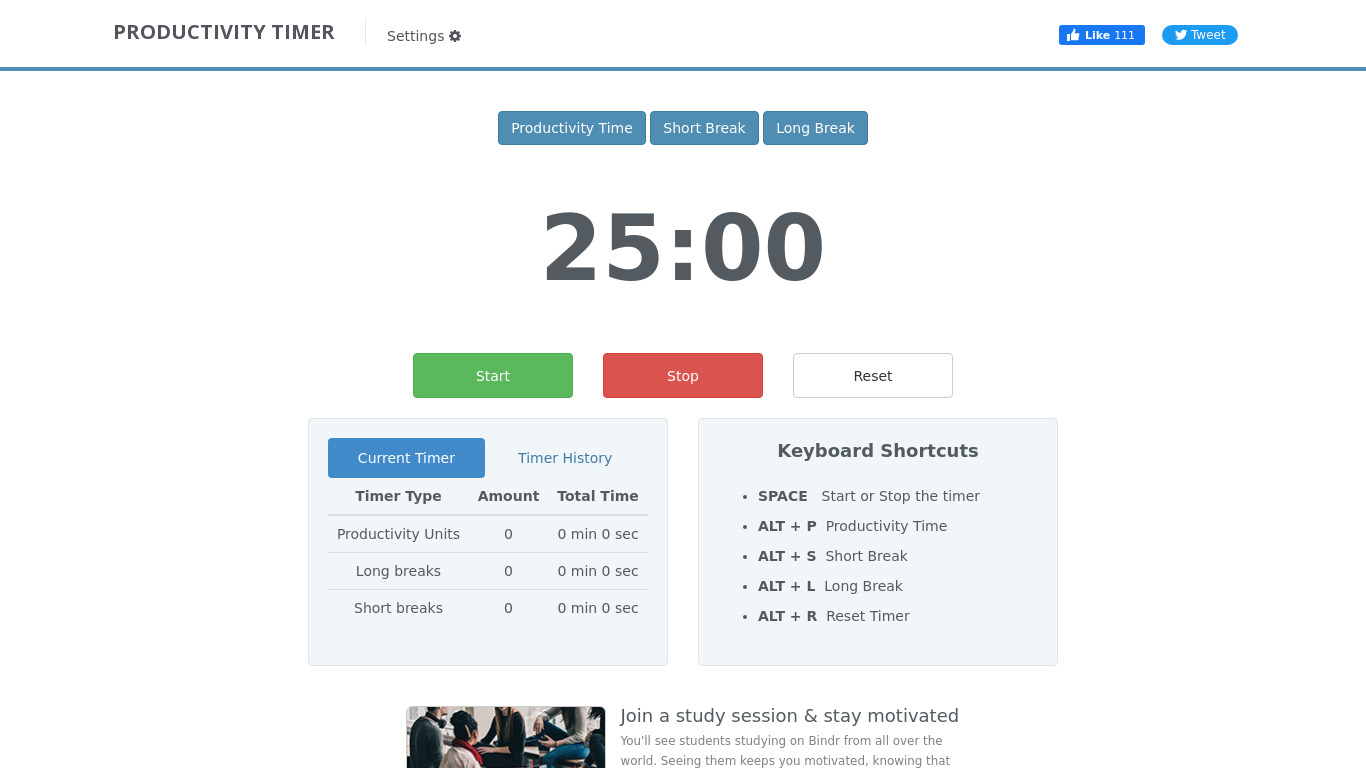 Productivity Timer Landing page