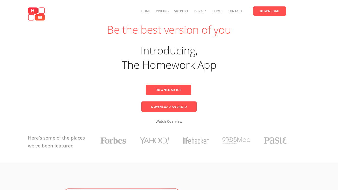 The Homework App Landing page