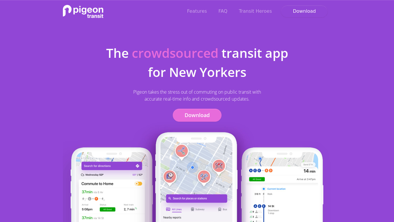 Pigeon Transit App Landing page
