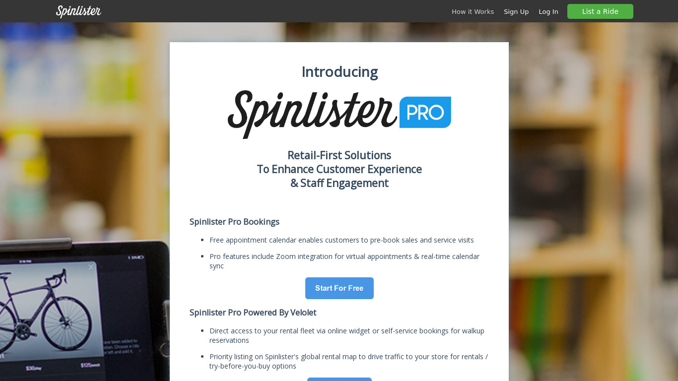 Spinlister Landing page