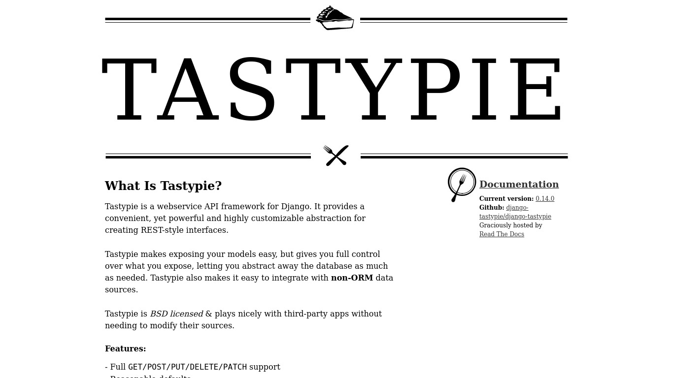 Tastypie Landing page