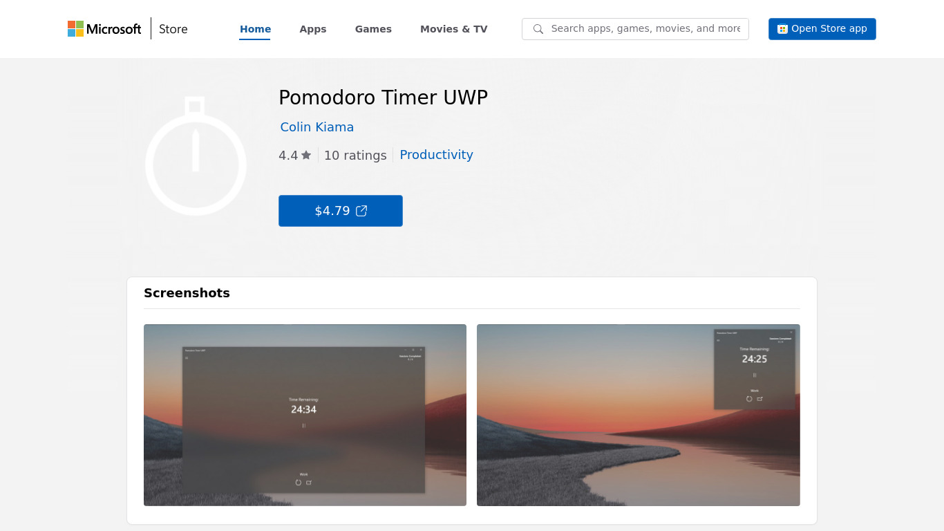 Pomodoro Timer UWP Landing page