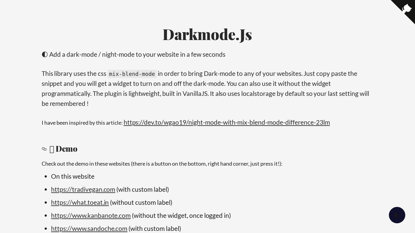 Darkmode Widget Landing page