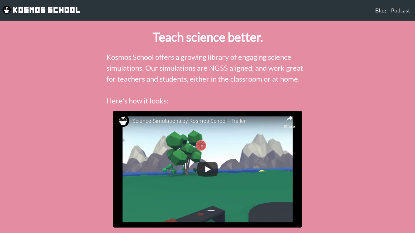 Science Simulations by Kosmos School Landing page
