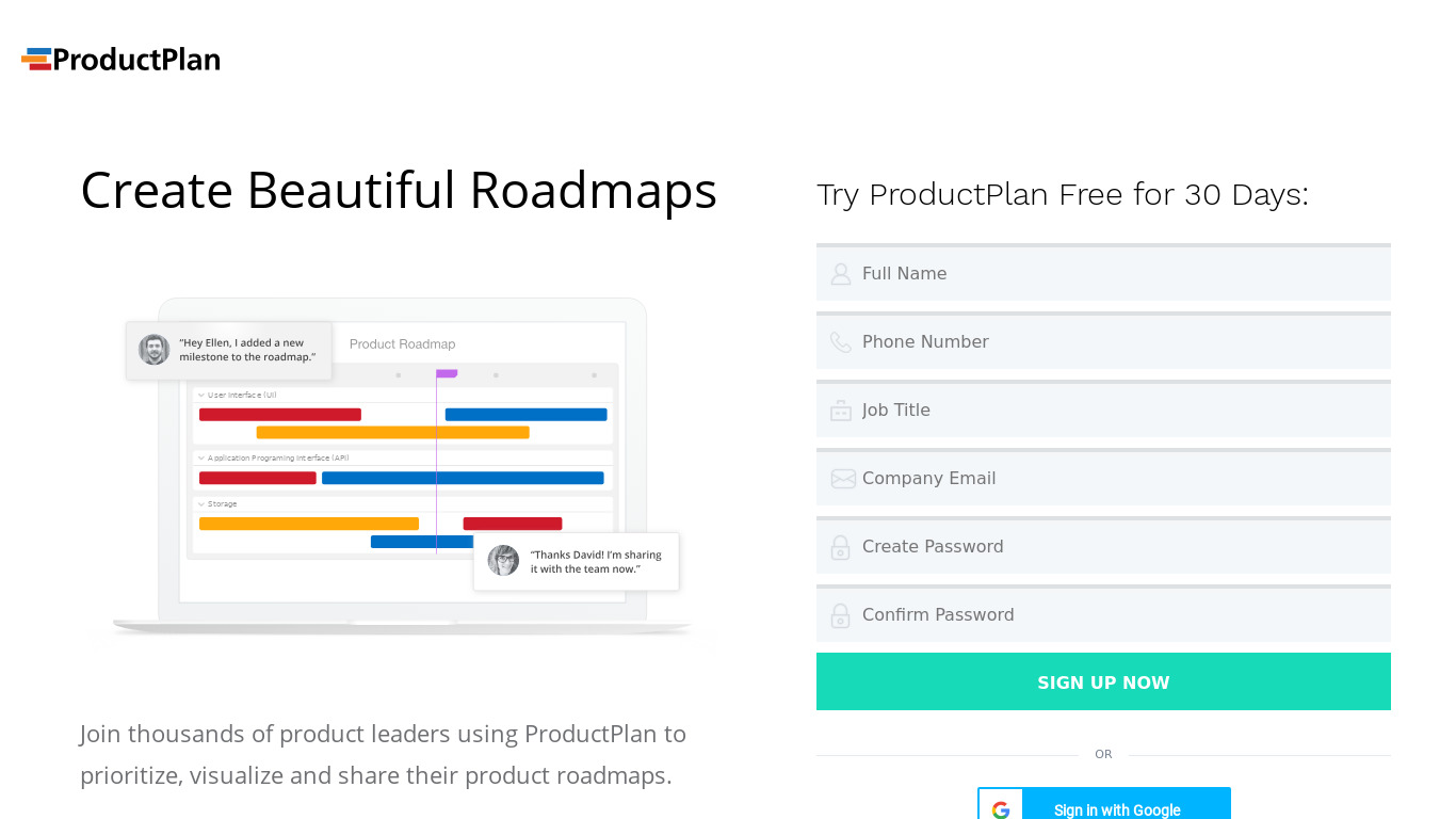 ProductPlan Roadmap Software Landing page