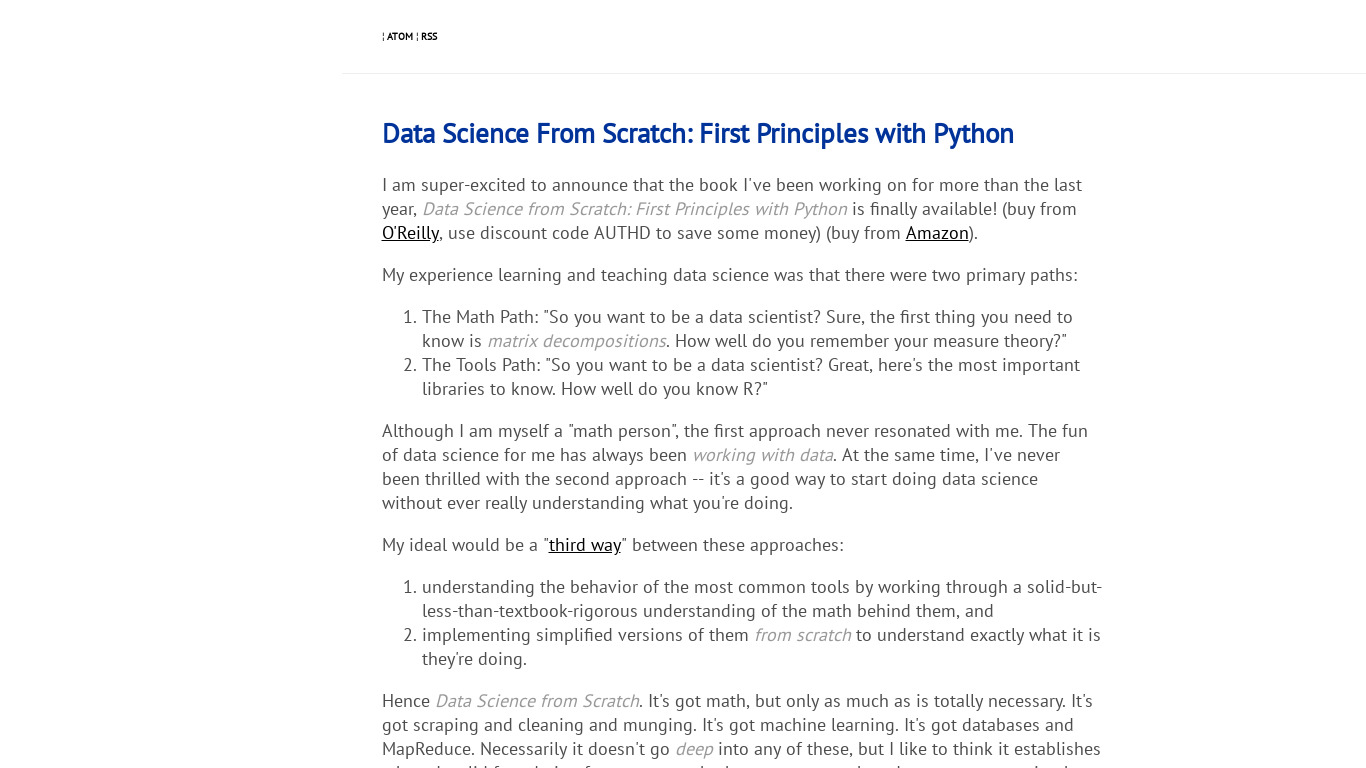 Data Science from Scratch Landing page