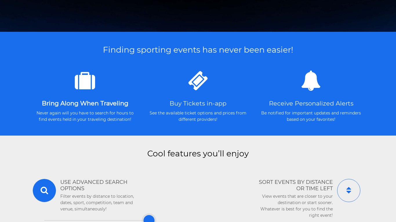 Sporteventus for iOS Landing page