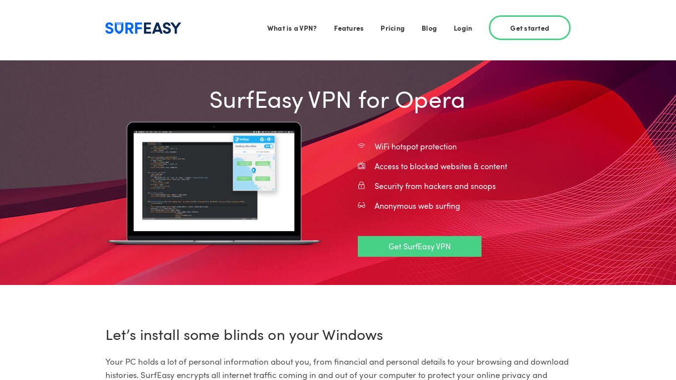 SurfEasy VPN for Opera Landing page