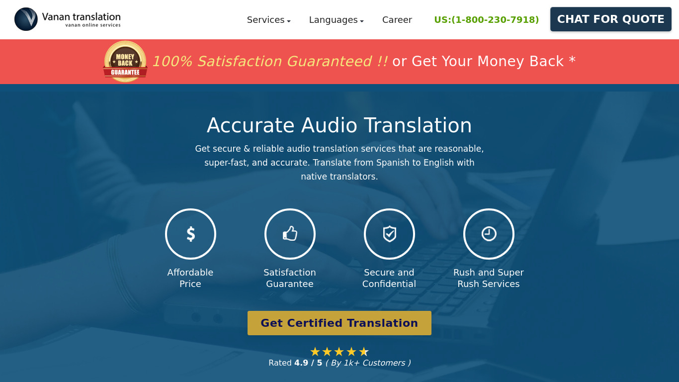 Audio Translation by VananTranslation Landing page