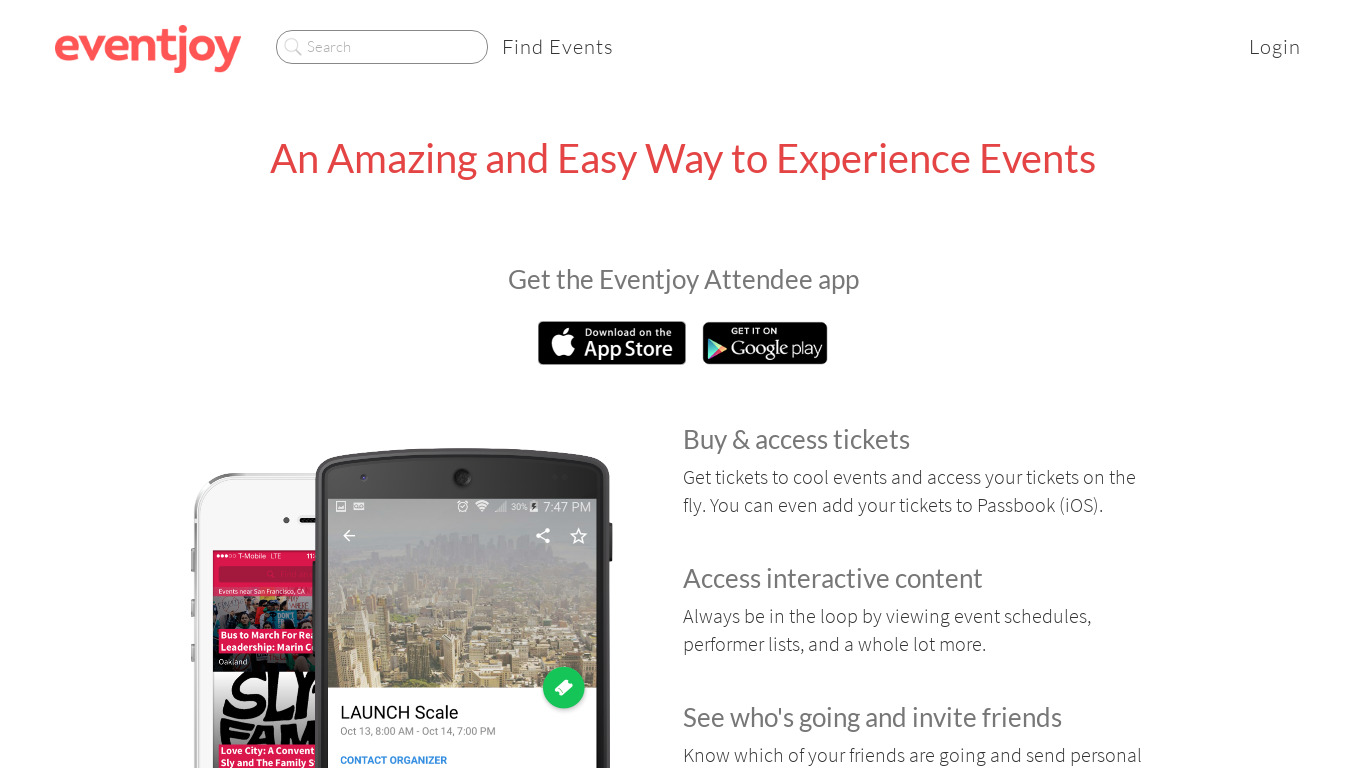 Eventjoy Attendee App Landing page