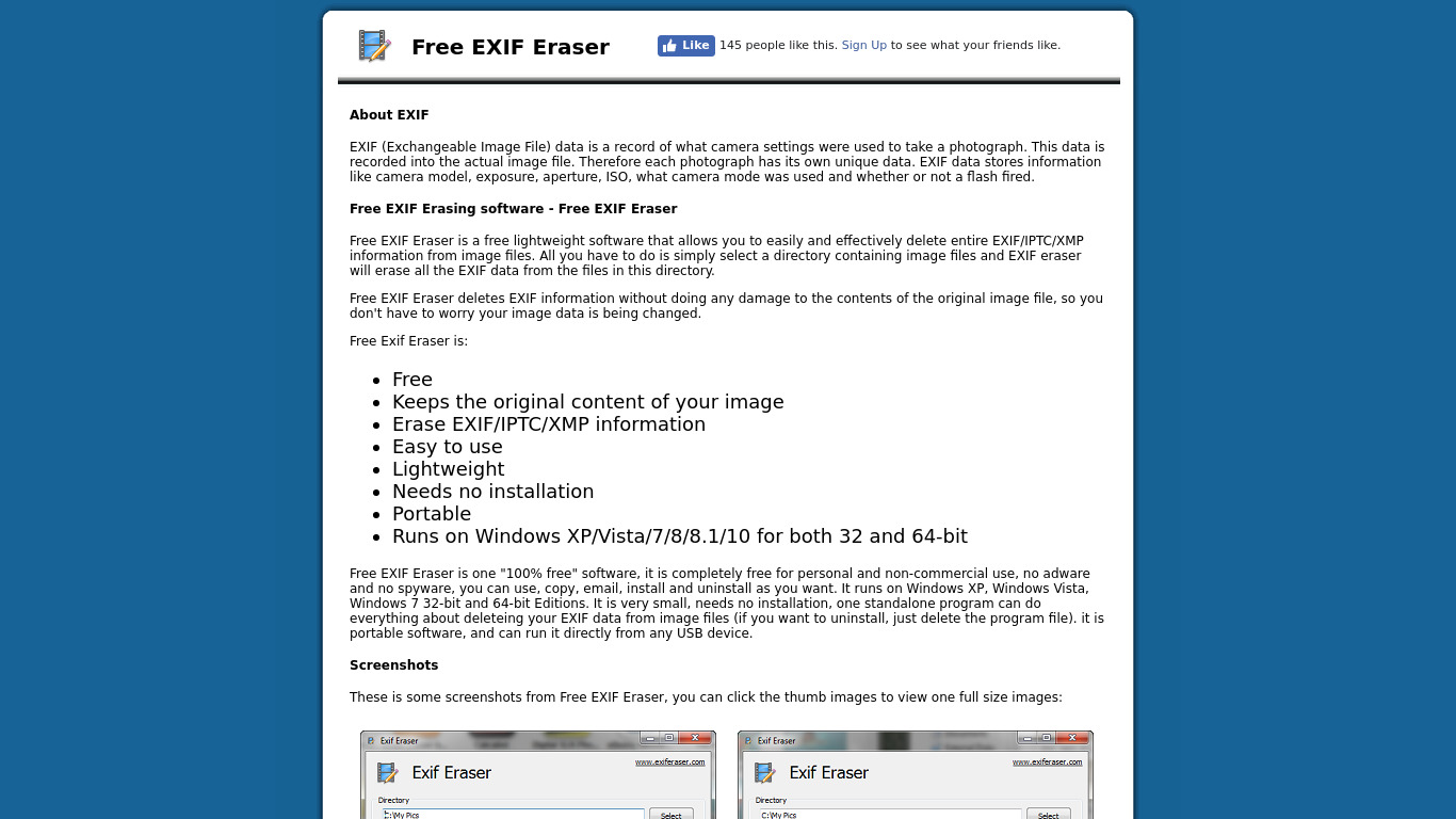 Free EXIF Eraser Landing page