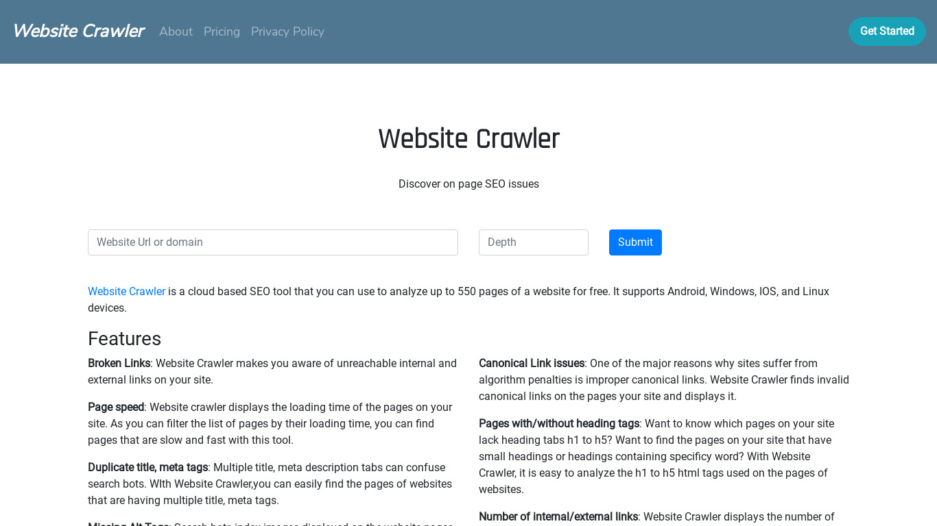 Website Crawler Landing page