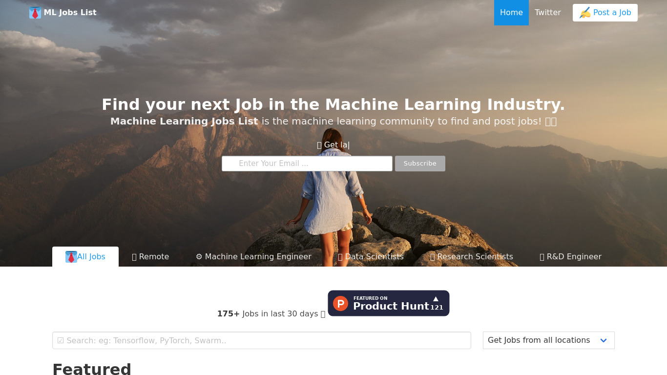 Machine Learning Jobs List Landing page
