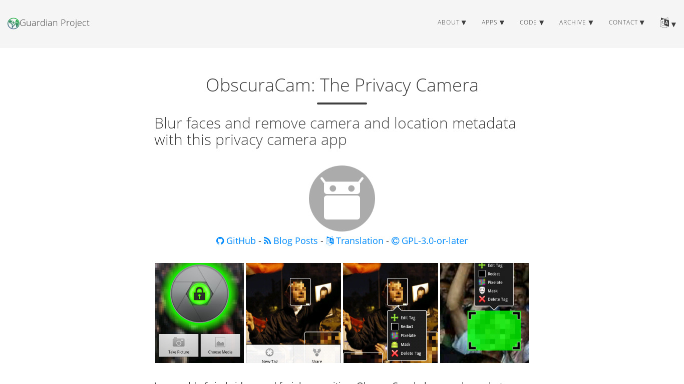 ObscuraCam Landing page