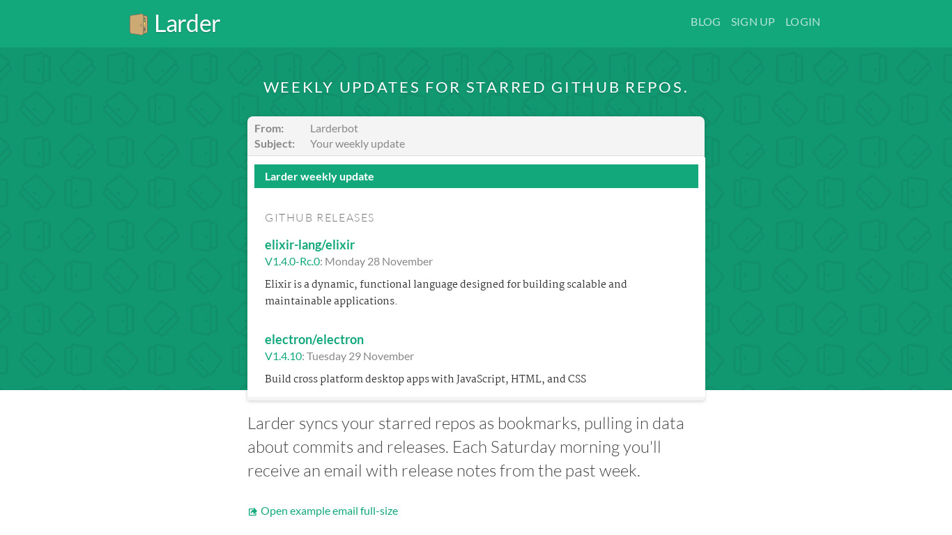 Larder weekly GitHub updates Landing page