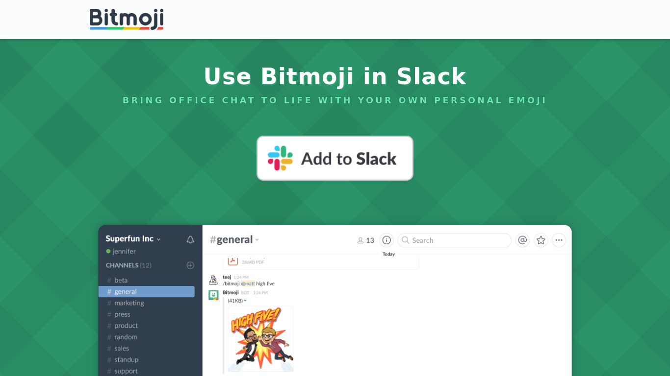 Bitmoji for Slack Landing page