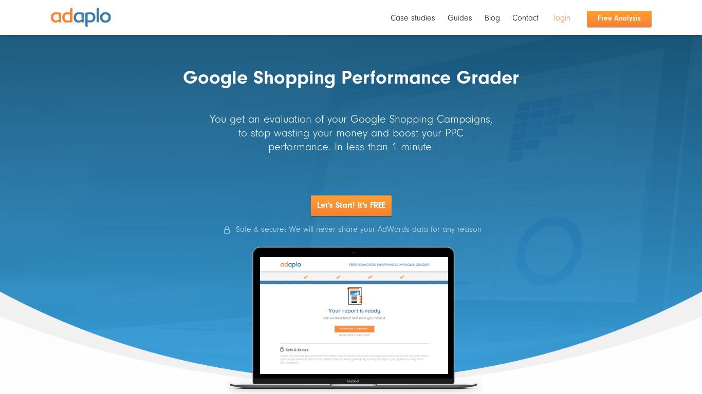adaplo.com Google Shopping Grader Landing page
