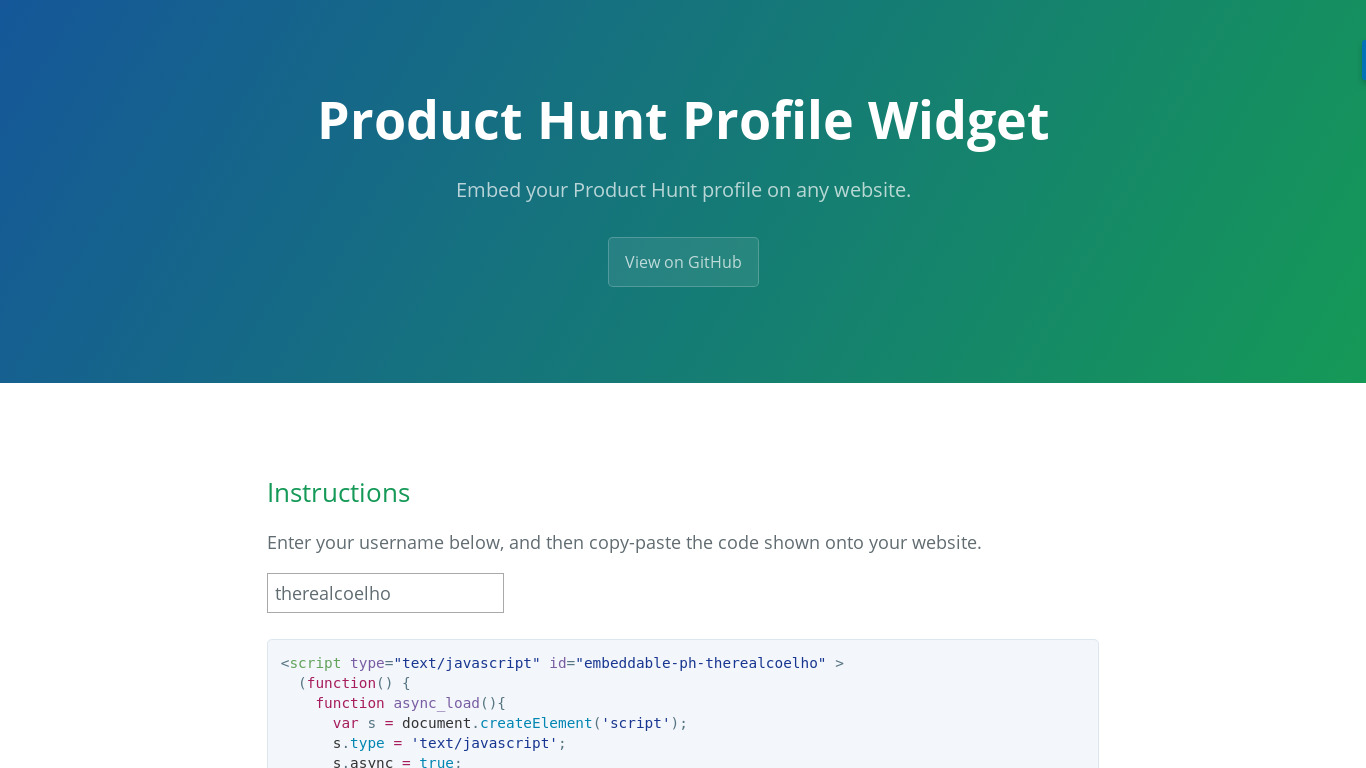 Product Hunt Profile Widget Landing page