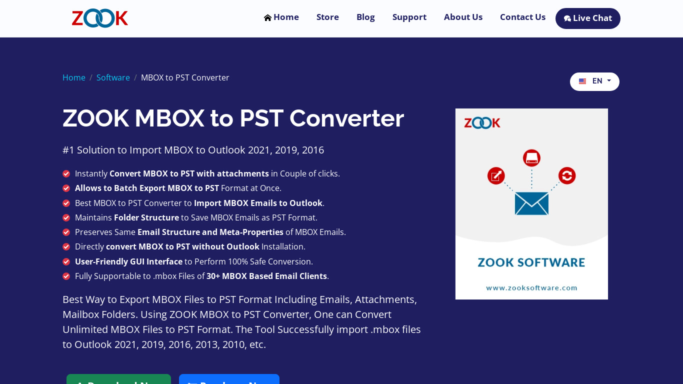 ZOOK MBOX to PST Converter Landing page