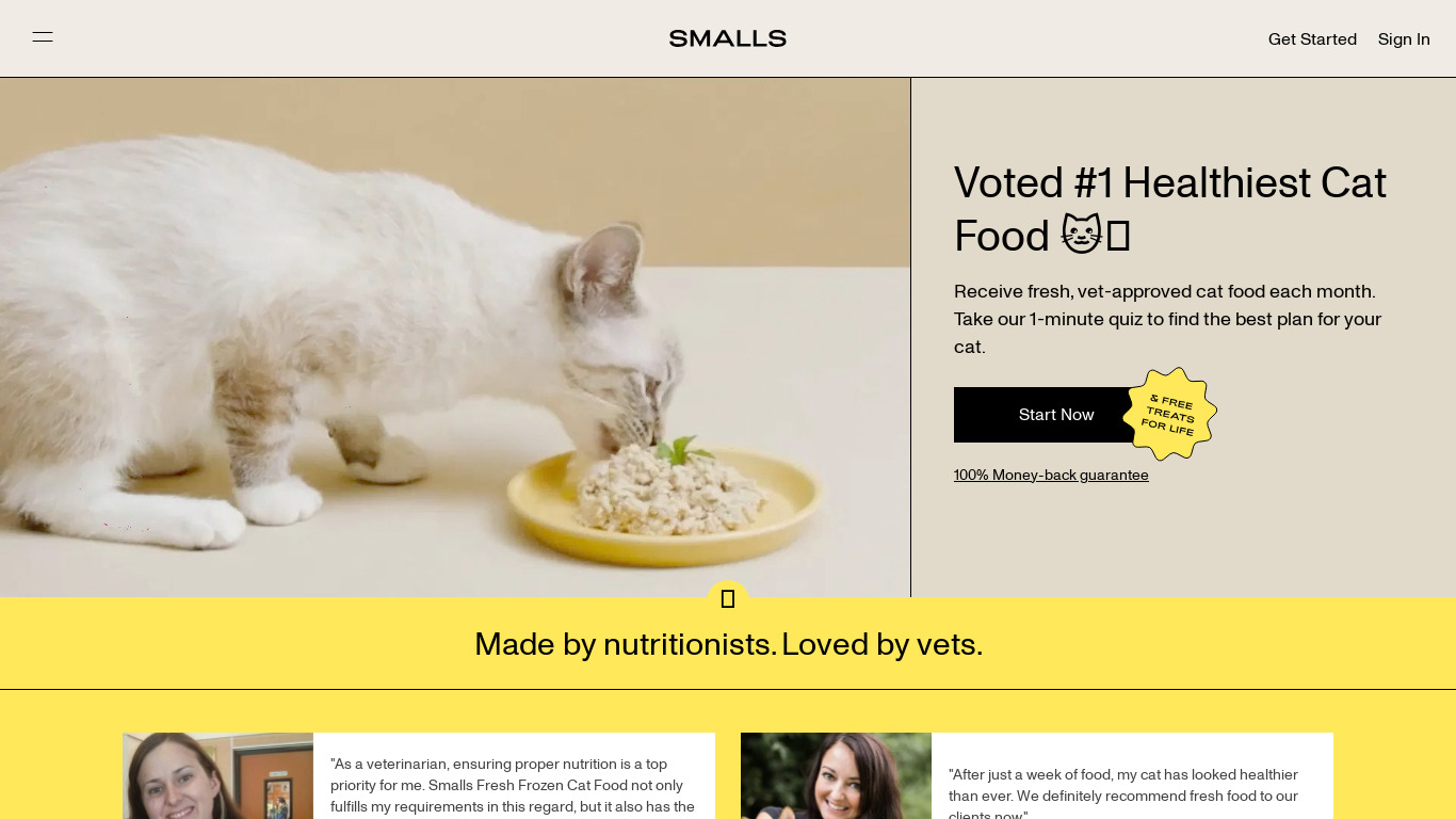 Smalls: Food for Cats Landing page