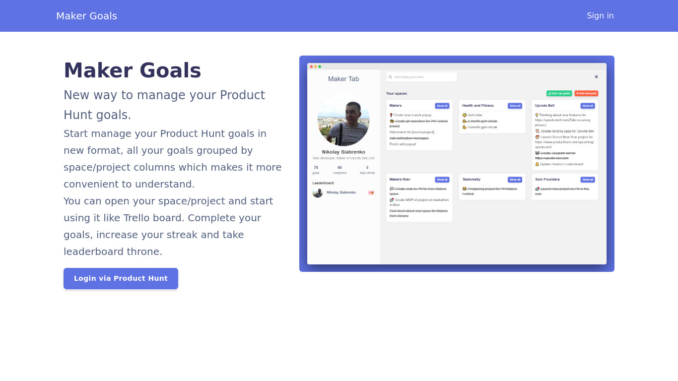 Maker Goals Landing page