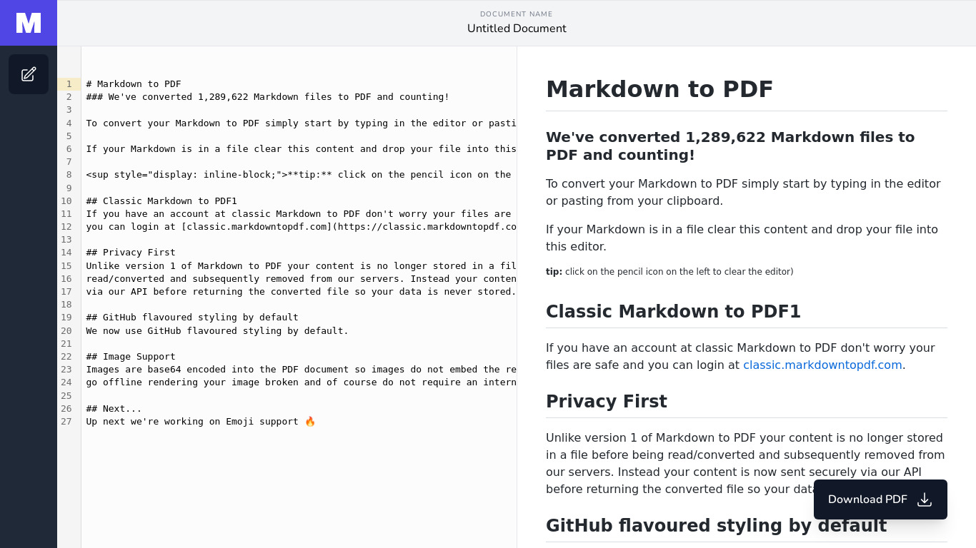Markdown to PDF Landing page