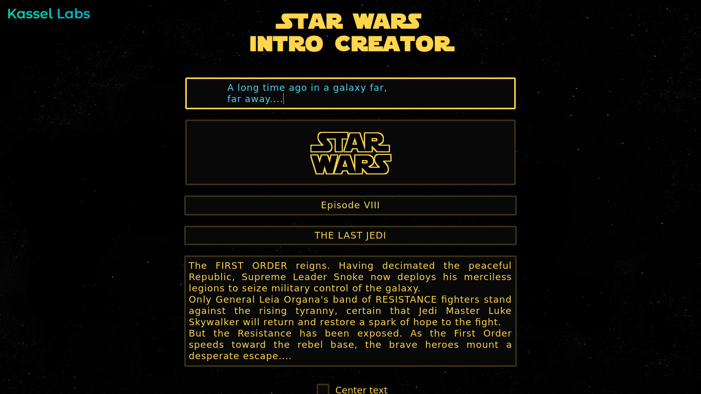 Star Wars Intro Creator Landing page