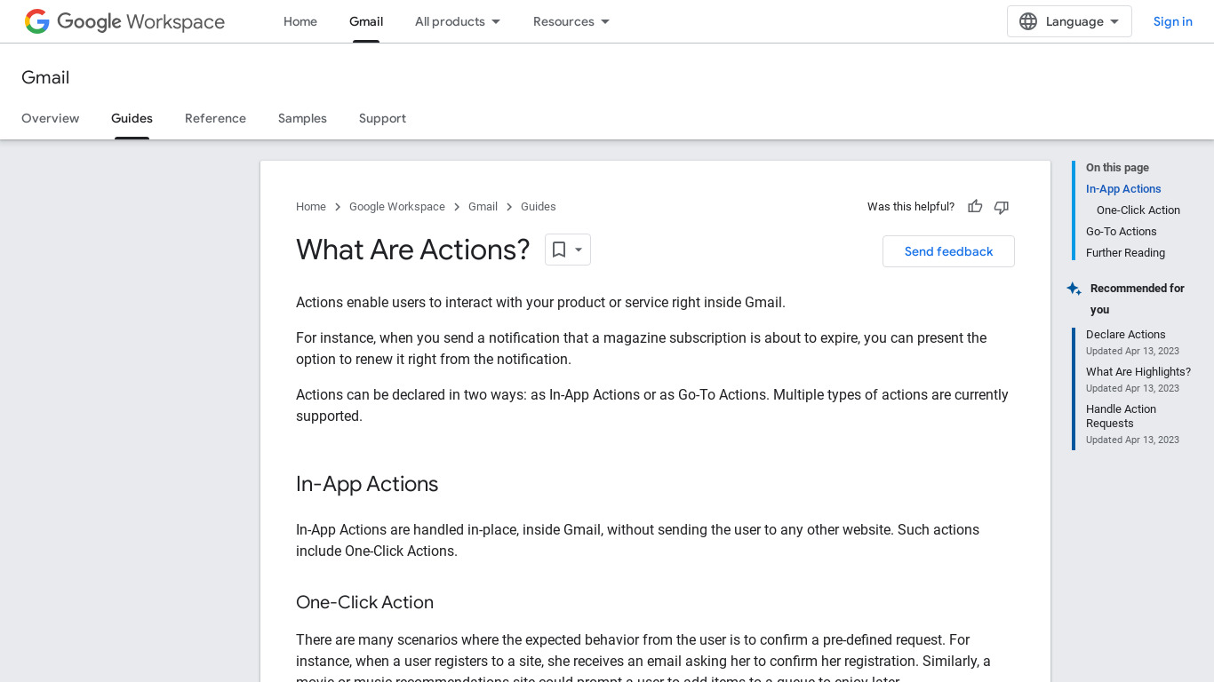 Gmail Actions Landing page
