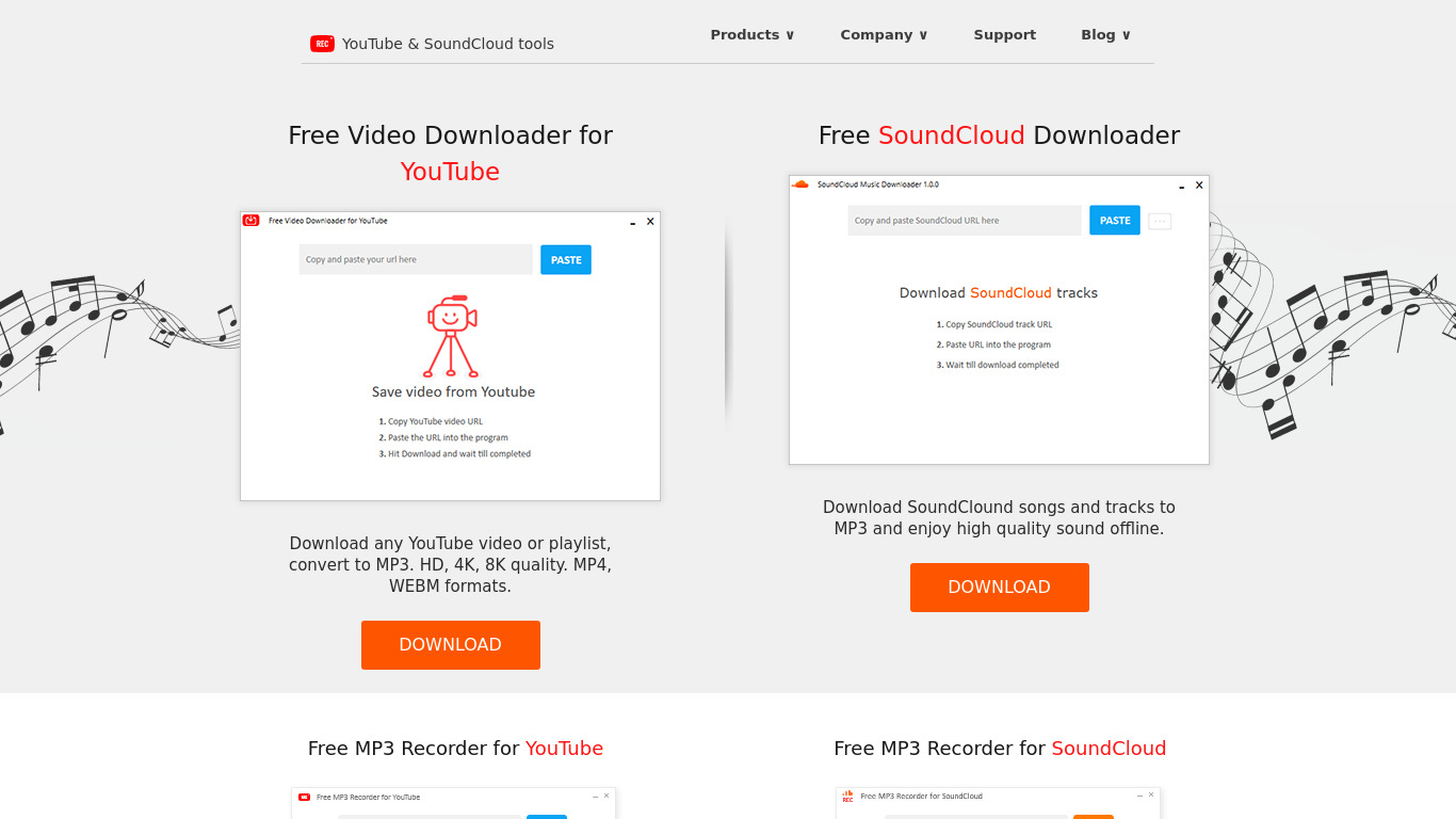 Free MP3 Recorder for YouTube Landing page