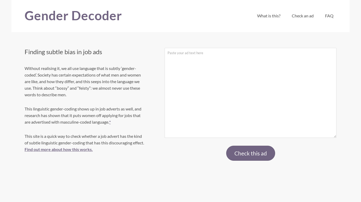 Gender Decoder for Job Ads Landing page