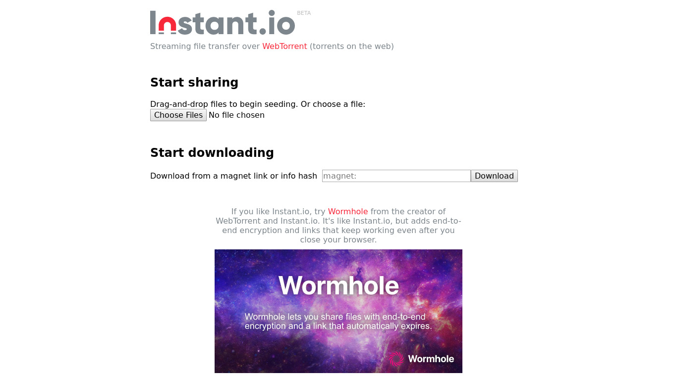 Instant.io Landing page