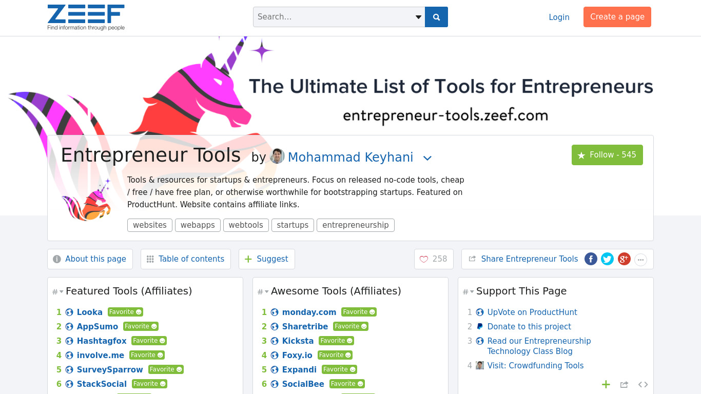 Entrepreneur Tools Landing page