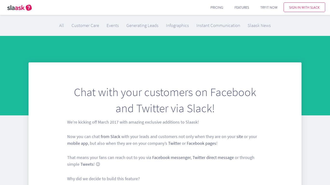 Slaask for Social Networks Landing page