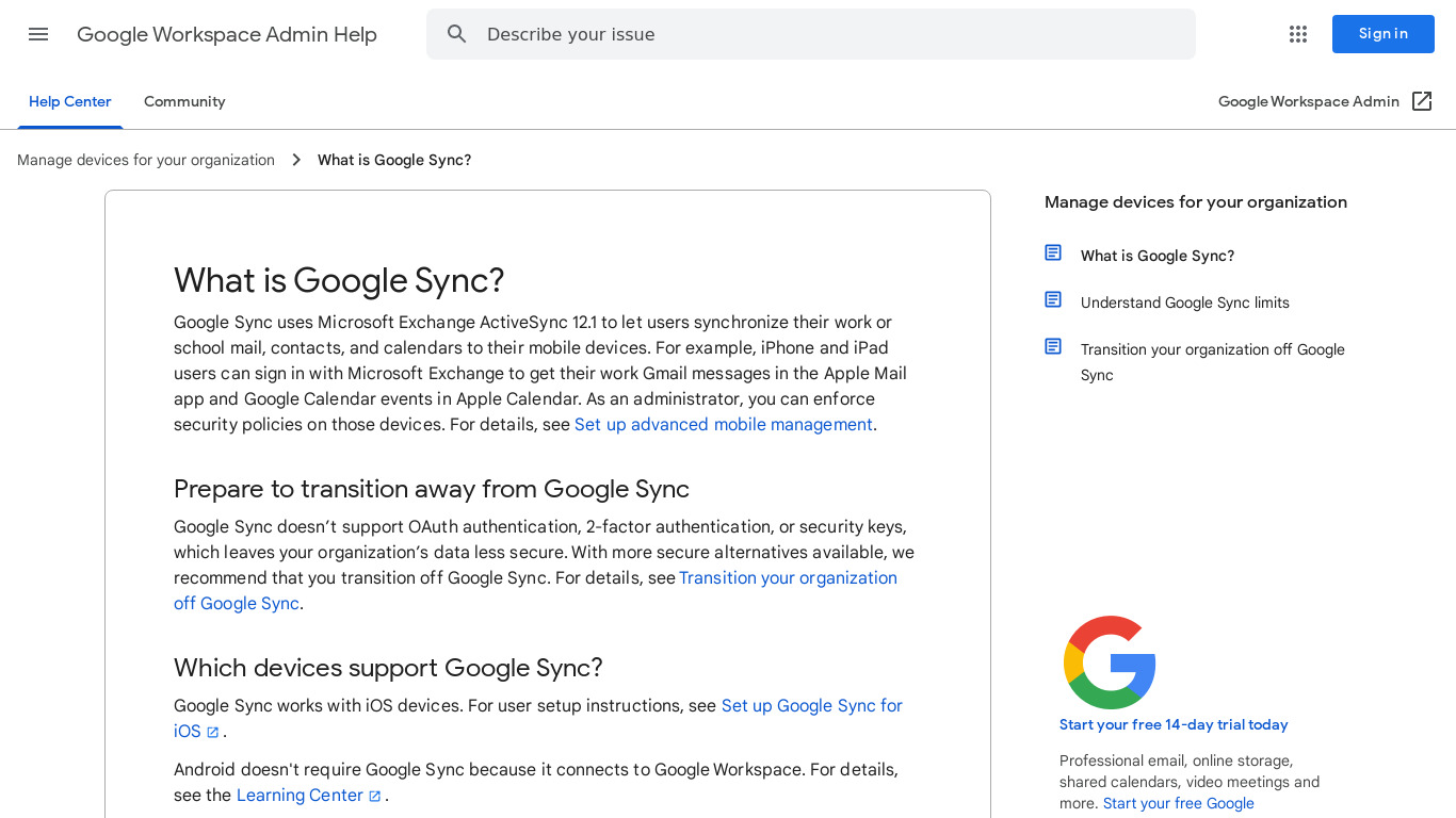 Google Sync Landing page