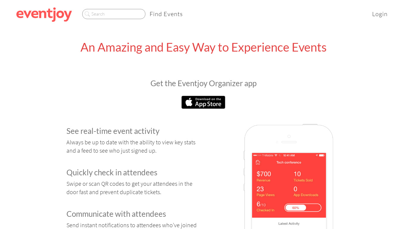 Eventjoy Organizer App Landing page
