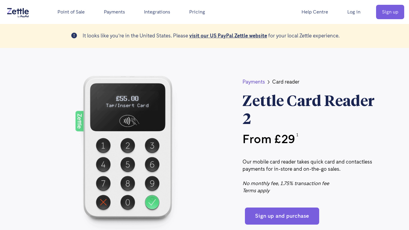 iZettle: Card Reader Lite Landing page