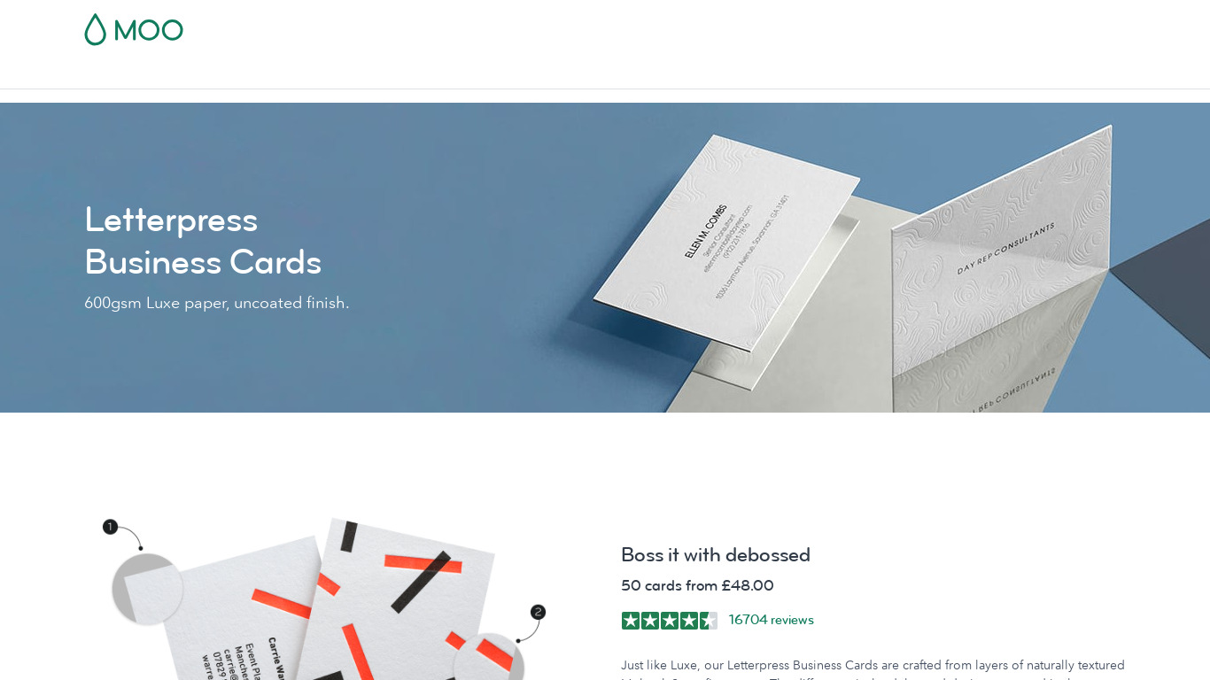 MOO Letter Press Cards Landing page