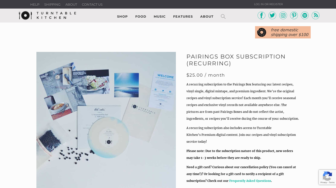 Turntable Kitchen Pairings Box Landing page