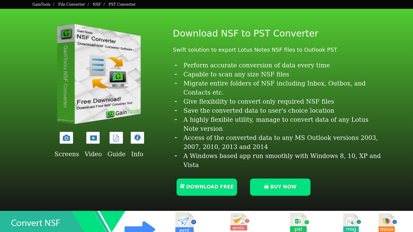 GainTools NSF to PST Converter Landing page