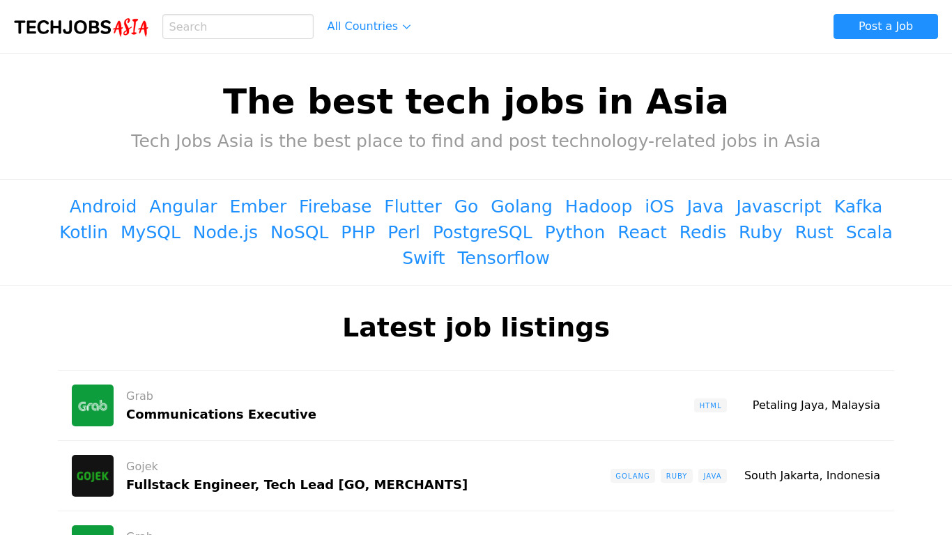 Tech Jobs Asia Landing page