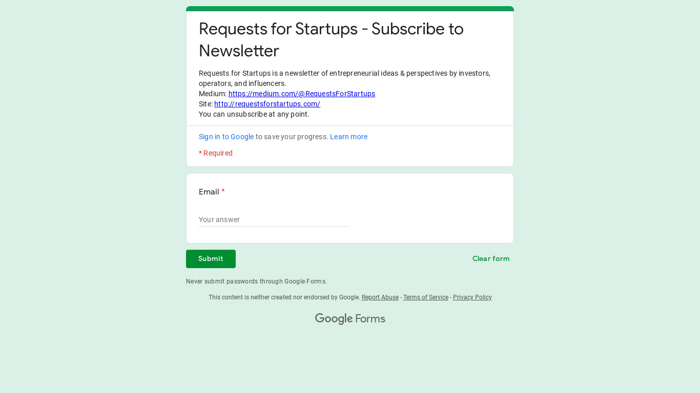 Requests for Startups Landing page