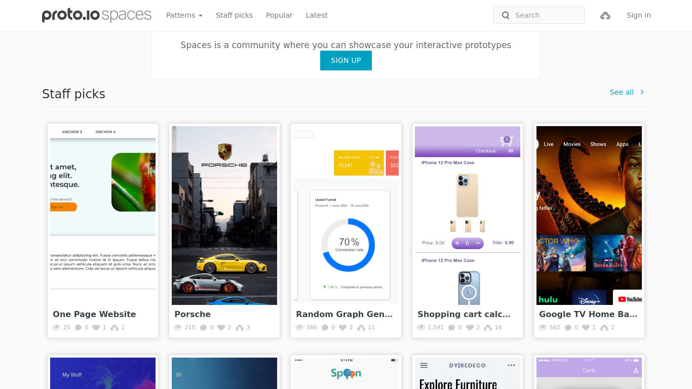Spaces by proto.io Landing page