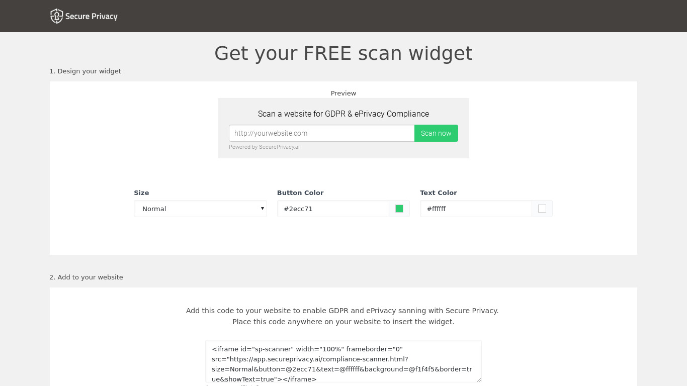 app.secureprivacy.ai GDPR Scan Widget Landing page
